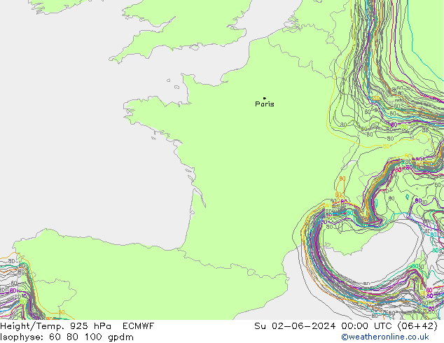 Geop./Temp. 925 hPa ECMWF dom 02.06.2024 00 UTC