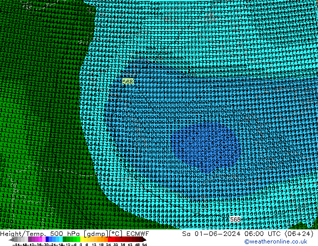 Height/Temp. 500 hPa ECMWF Sa 01.06.2024 06 UTC
