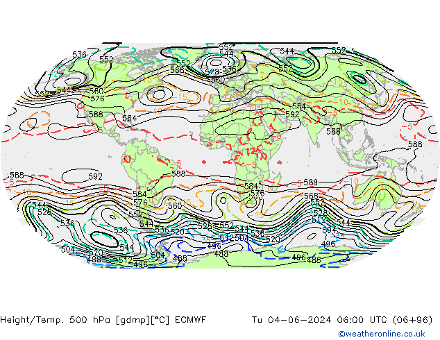 Height/Temp. 500 hPa ECMWF Út 04.06.2024 06 UTC