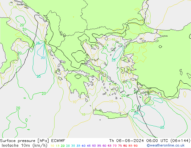 Isotachs (kph) ECMWF Qui 06.06.2024 06 UTC