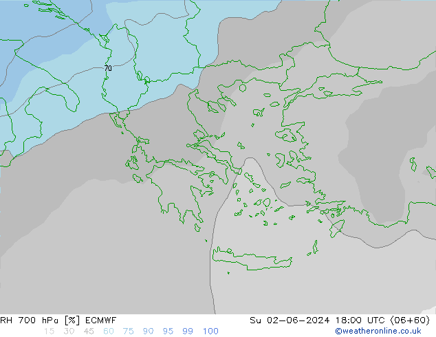 Humidité rel. 700 hPa ECMWF dim 02.06.2024 18 UTC