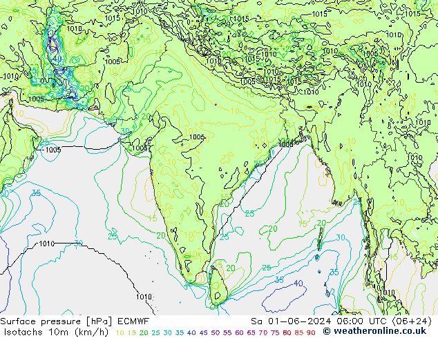 Isotachs (kph) ECMWF Sa 01.06.2024 06 UTC