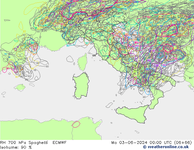 RH 700 гПа Spaghetti ECMWF пн 03.06.2024 00 UTC