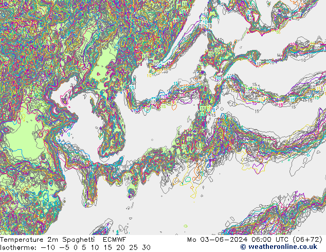 Temperature 2m Spaghetti ECMWF Mo 03.06.2024 06 UTC