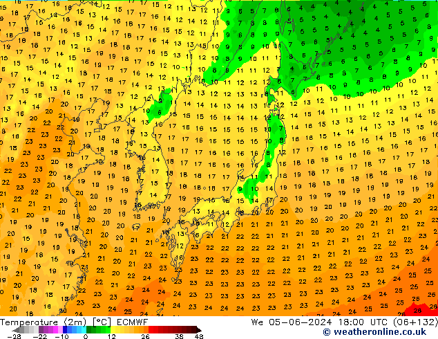 Temperatura (2m) ECMWF mer 05.06.2024 18 UTC