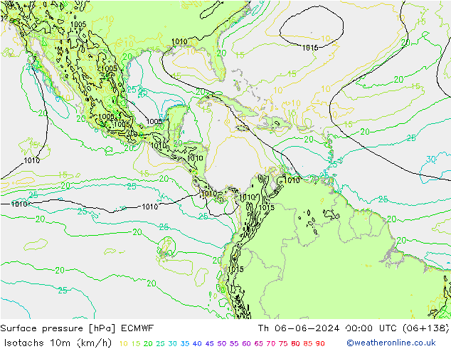 Isotachen (km/h) ECMWF do 06.06.2024 00 UTC