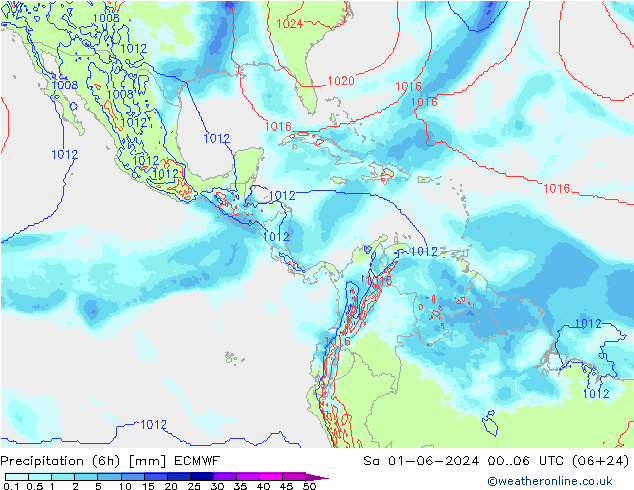 Precipitation (6h) ECMWF Sa 01.06.2024 06 UTC