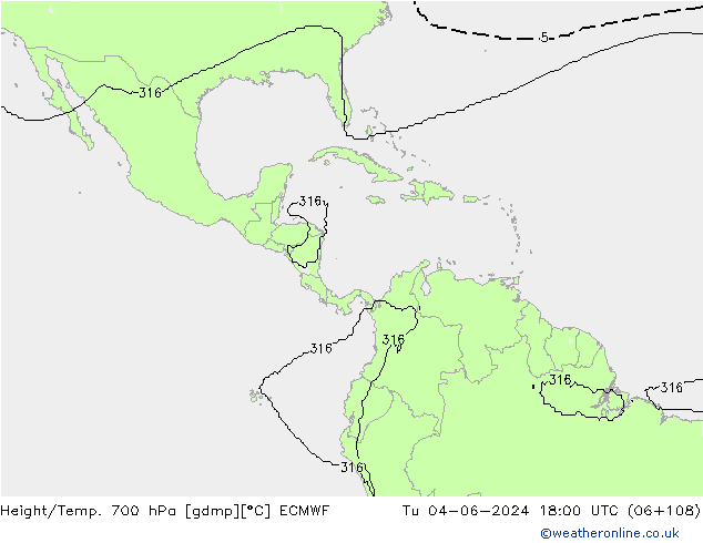 Height/Temp. 700 hPa ECMWF Út 04.06.2024 18 UTC