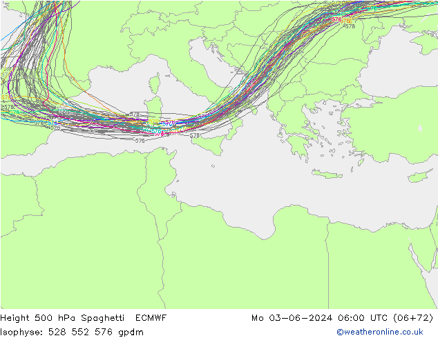 Height 500 hPa Spaghetti ECMWF Mo 03.06.2024 06 UTC