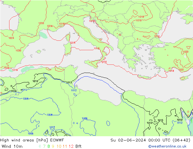 High wind areas ECMWF Вс 02.06.2024 00 UTC