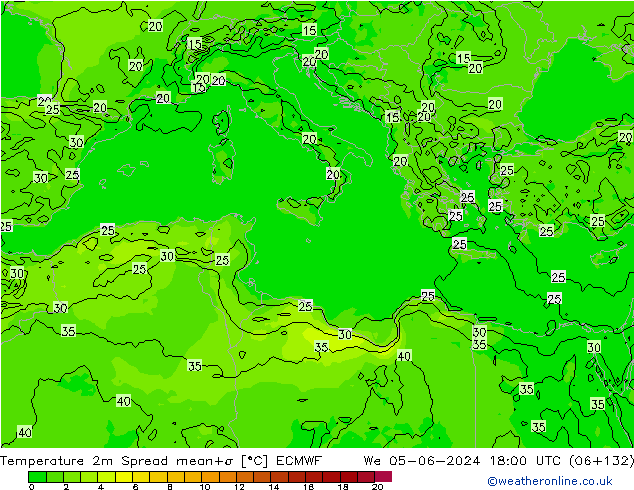 Temperatuurkaart Spread ECMWF wo 05.06.2024 18 UTC