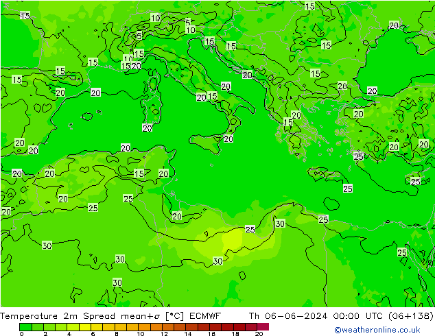 Temperature 2m Spread ECMWF Čt 06.06.2024 00 UTC