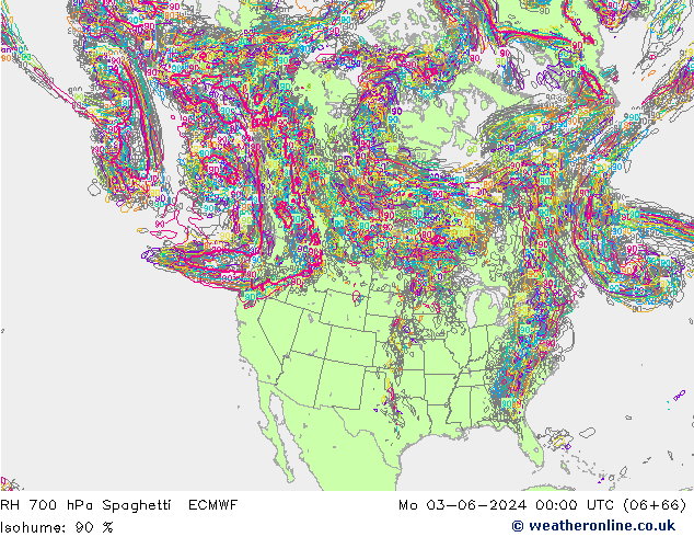 RH 700 hPa Spaghetti ECMWF Mo 03.06.2024 00 UTC