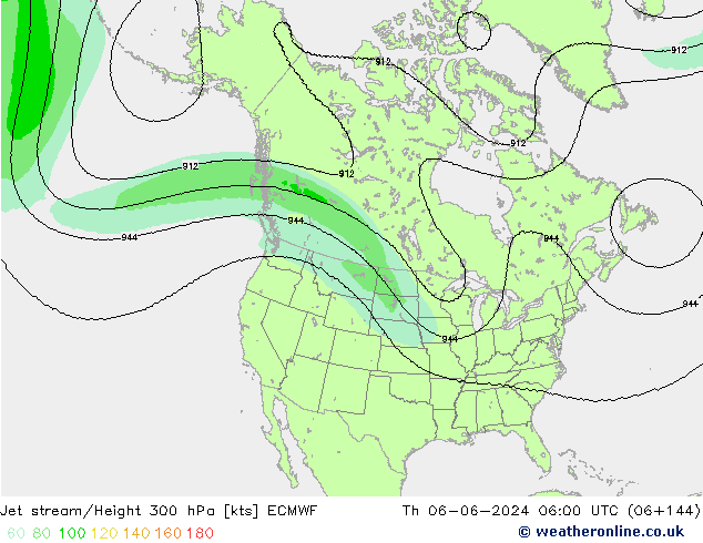 Jet stream/Height 300 hPa ECMWF Čt 06.06.2024 06 UTC