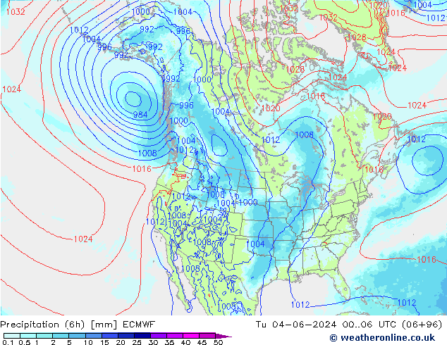 Precipitation (6h) ECMWF Tu 04.06.2024 06 UTC