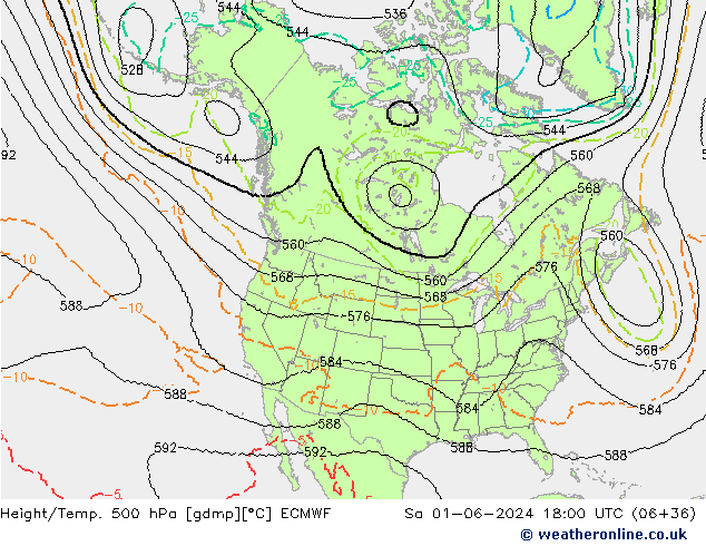 Height/Temp. 500 hPa ECMWF Sa 01.06.2024 18 UTC