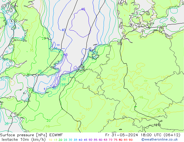 Isotachen (km/h) ECMWF vr 31.05.2024 18 UTC