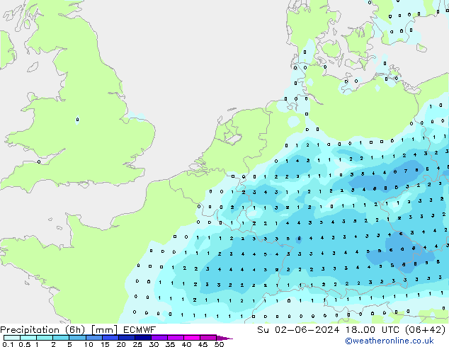 Precipitation (6h) ECMWF Su 02.06.2024 00 UTC