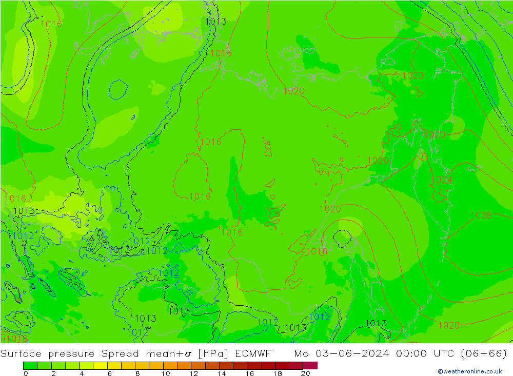 Surface pressure Spread ECMWF Mo 03.06.2024 00 UTC