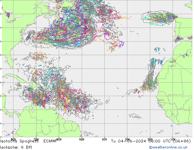 Isotachs Spaghetti ECMWF Út 04.06.2024 06 UTC