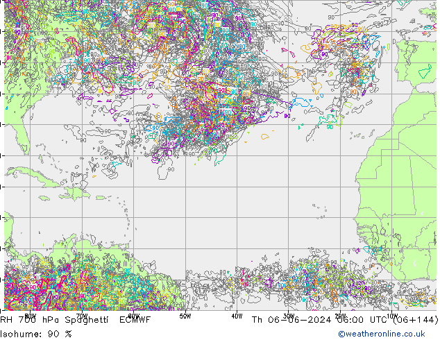 RH 700 hPa Spaghetti ECMWF Qui 06.06.2024 06 UTC