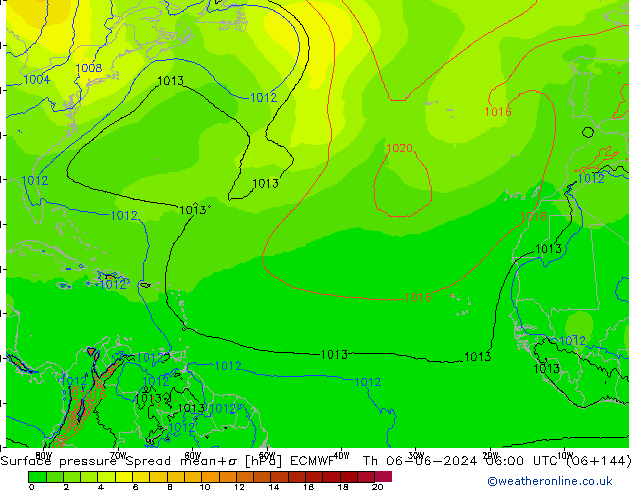 Pressione al suolo Spread ECMWF gio 06.06.2024 06 UTC