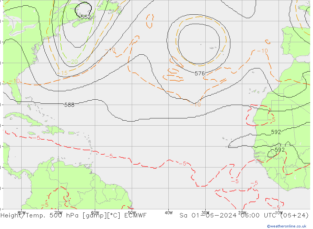 Height/Temp. 500 hPa ECMWF Sa 01.06.2024 06 UTC