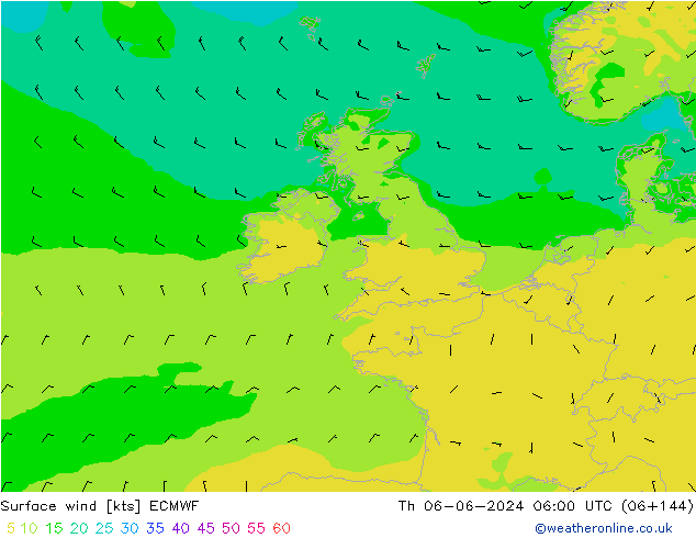 wiatr 10 m ECMWF czw. 06.06.2024 06 UTC