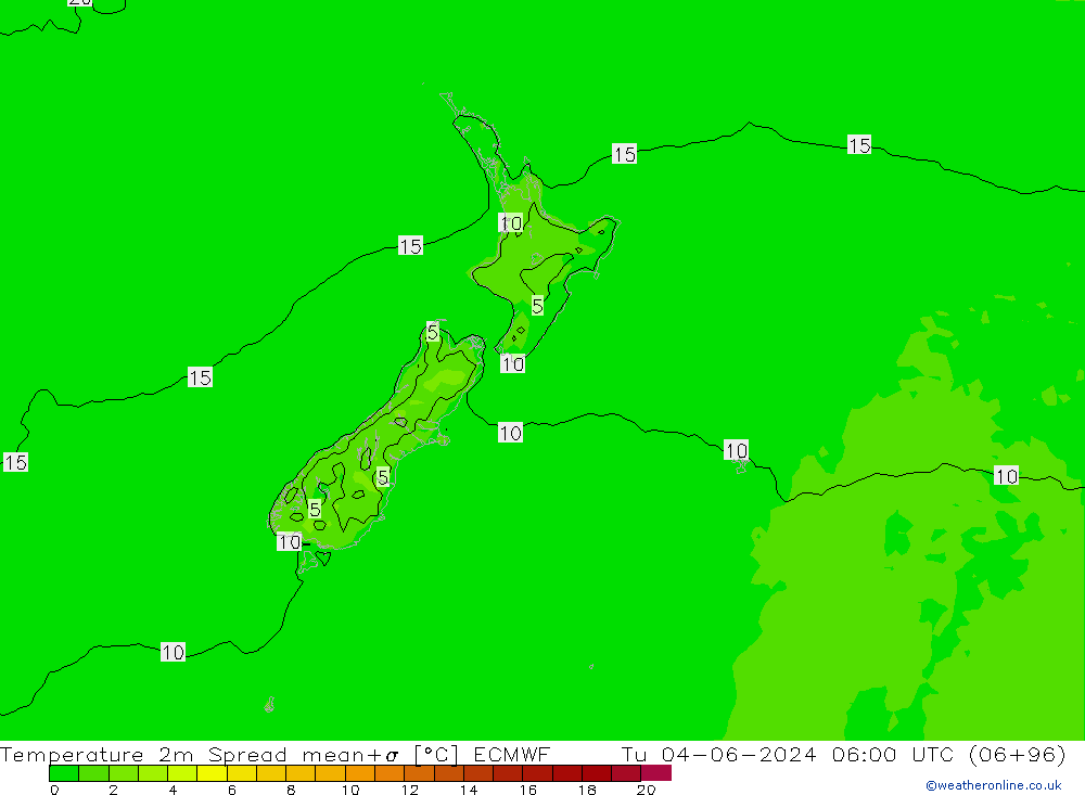 mapa temperatury 2m Spread ECMWF wto. 04.06.2024 06 UTC
