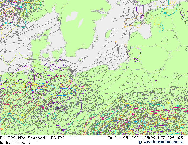 RH 700 hPa Spaghetti ECMWF Tu 04.06.2024 06 UTC