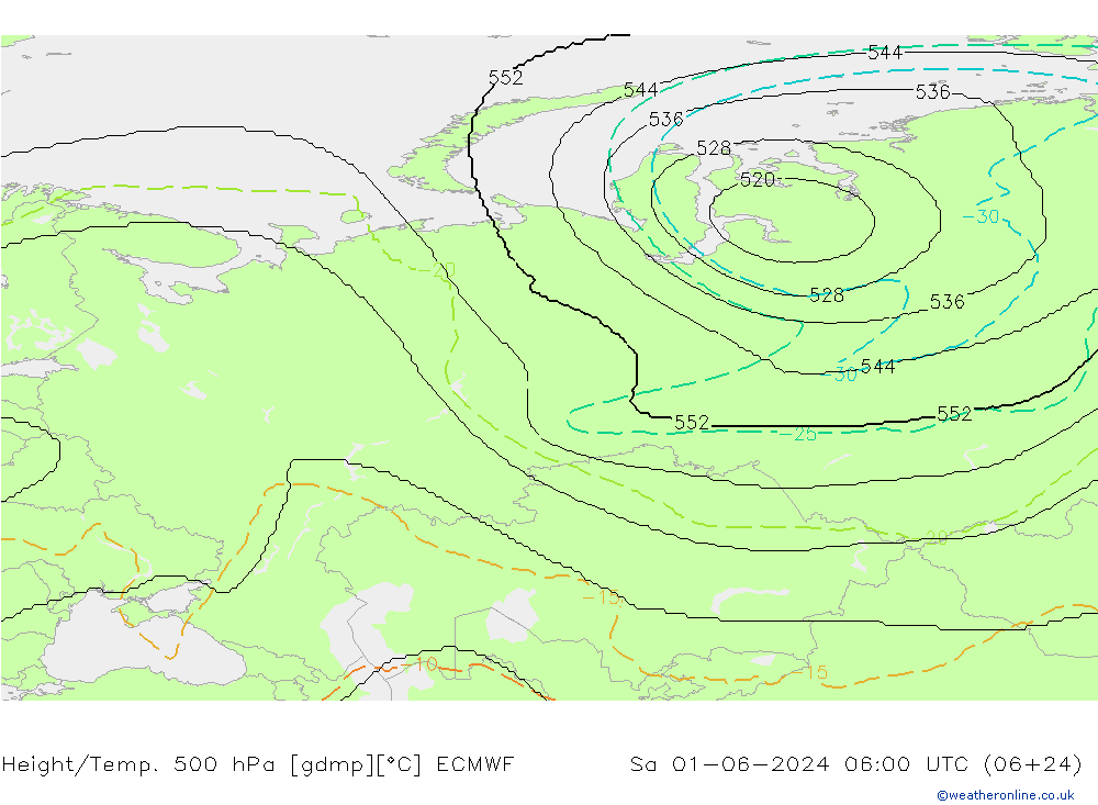 Height/Temp. 500 hPa ECMWF Sa 01.06.2024 06 UTC