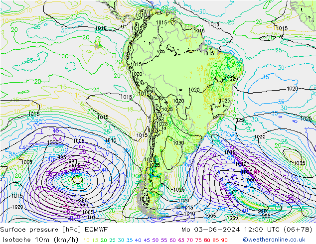 Isotachs (kph) ECMWF lun 03.06.2024 12 UTC