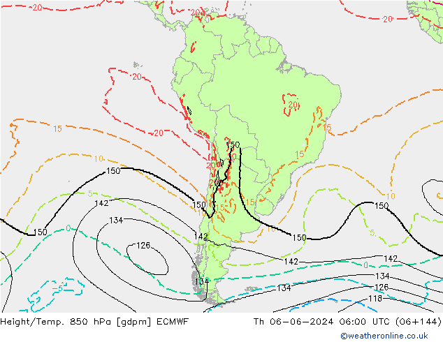 Geop./Temp. 850 hPa ECMWF jue 06.06.2024 06 UTC