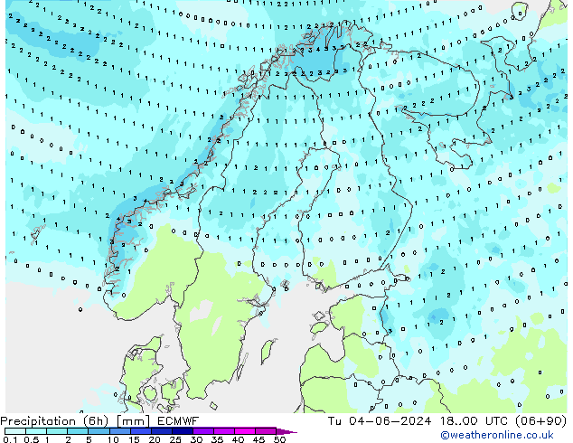 Precipitation (6h) ECMWF Tu 04.06.2024 00 UTC