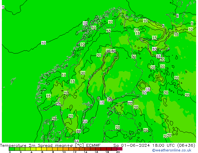 Temperatura 2m Spread ECMWF sáb 01.06.2024 18 UTC