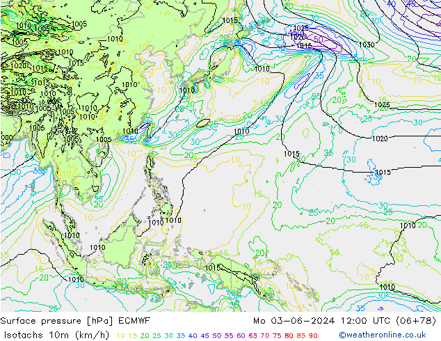 Isotaca (kph) ECMWF lun 03.06.2024 12 UTC