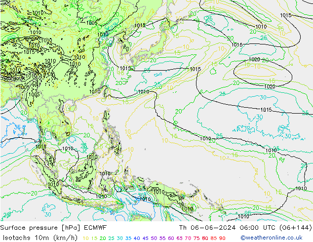 Isotaca (kph) ECMWF jue 06.06.2024 06 UTC