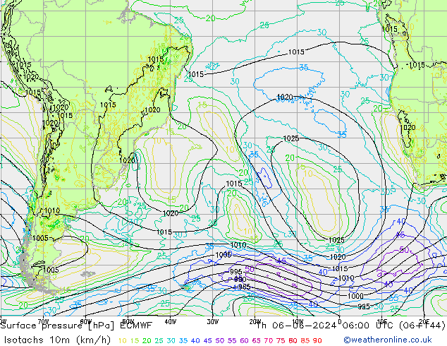 Isotaca (kph) ECMWF jue 06.06.2024 06 UTC