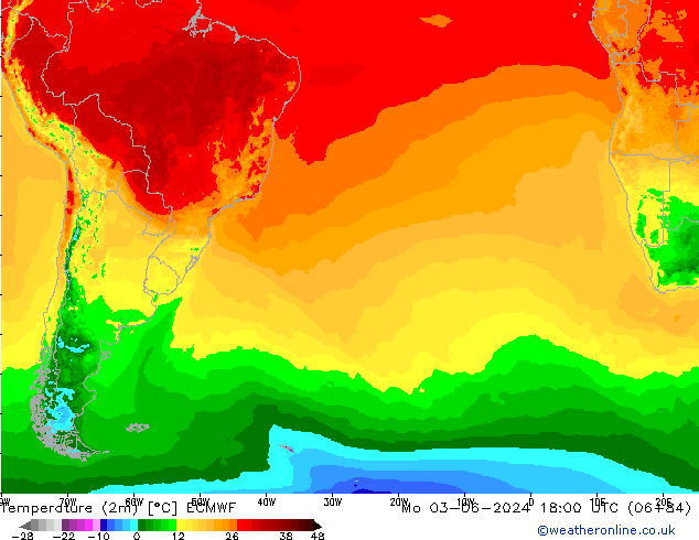 Temperature (2m) ECMWF Mo 03.06.2024 18 UTC