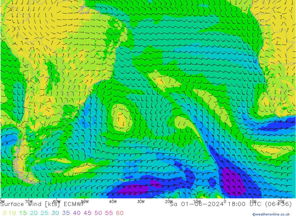 wiatr 10 m ECMWF so. 01.06.2024 18 UTC