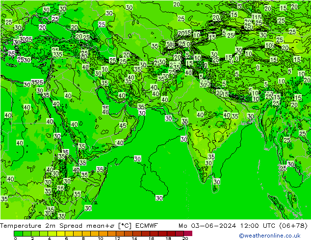 température 2m Spread ECMWF lun 03.06.2024 12 UTC