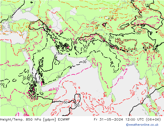 Hoogte/Temp. 850 hPa ECMWF vr 31.05.2024 12 UTC