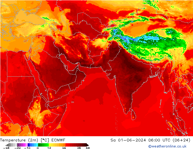 mapa temperatury (2m) ECMWF so. 01.06.2024 06 UTC