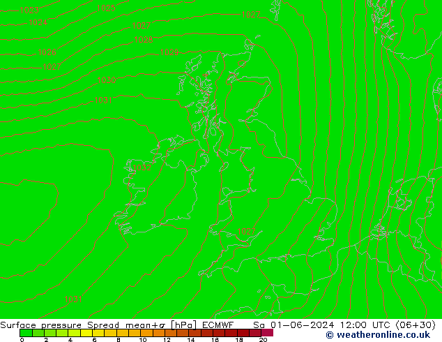 Surface pressure Spread ECMWF Sa 01.06.2024 12 UTC