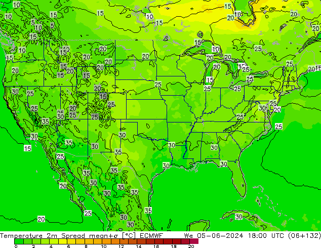 Temperatura 2m Spread ECMWF mié 05.06.2024 18 UTC