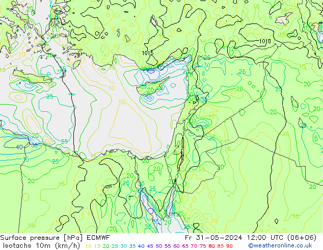 Isotachs (kph) ECMWF Fr 31.05.2024 12 UTC