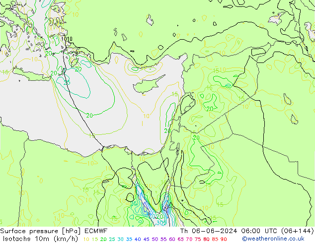 Isotachs (kph) ECMWF jeu 06.06.2024 06 UTC