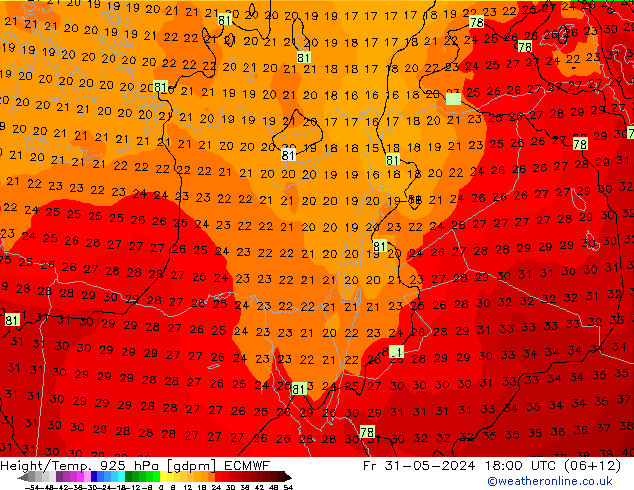 Height/Temp. 925 hPa ECMWF Pá 31.05.2024 18 UTC