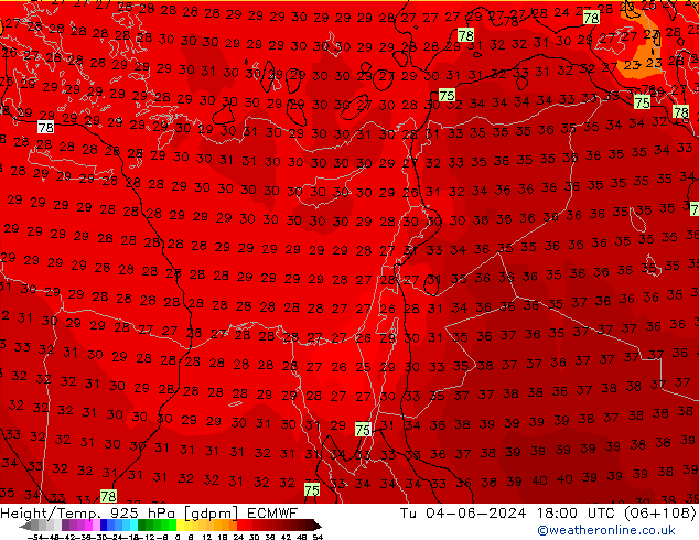 Height/Temp. 925 hPa ECMWF Tu 04.06.2024 18 UTC