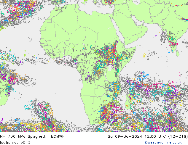 RH 700 hPa Spaghetti ECMWF dom 09.06.2024 12 UTC